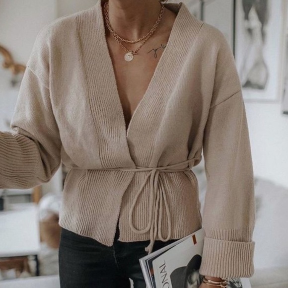 Oatmeal Beige Knit Kimono Sweater Tie Belt Boxy Loose Fit Drop Shoulder Wrap - Picture 12 of 12